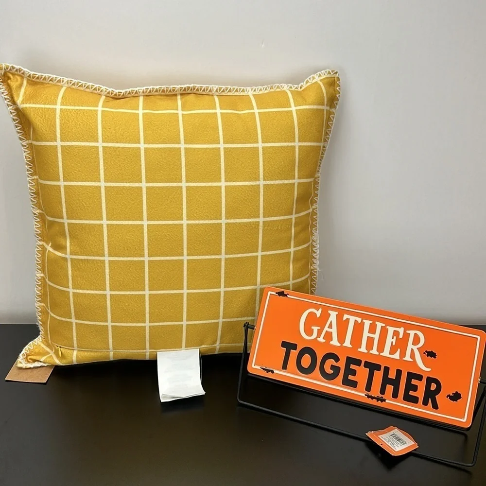 Thro Gold Cream Pumpkin Pillow & Hyde and Eek Reversible Table Top Sign Fall NWT